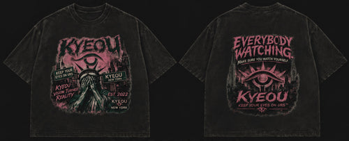KYEOU Everybody Watching oversized tee in vintage black, front and back