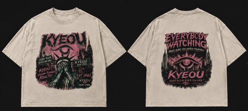 KYEOU Everybody Watching oversized tee in vintage cream, front and back
