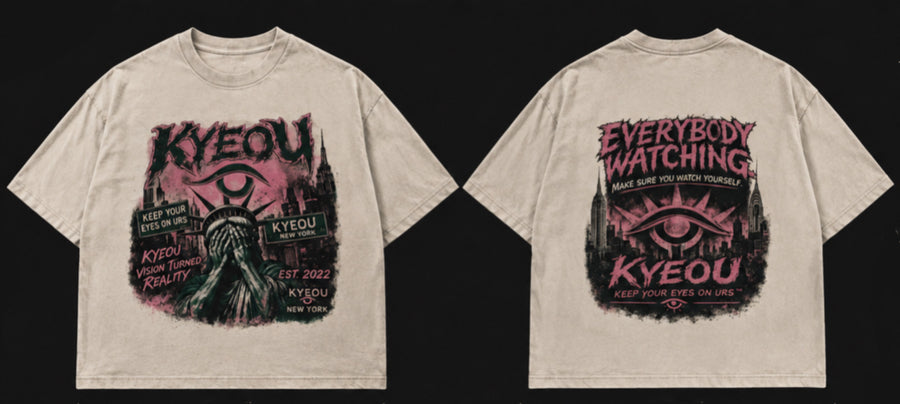 KYEOU Everybody Watching oversized tee in vintage cream, front and back